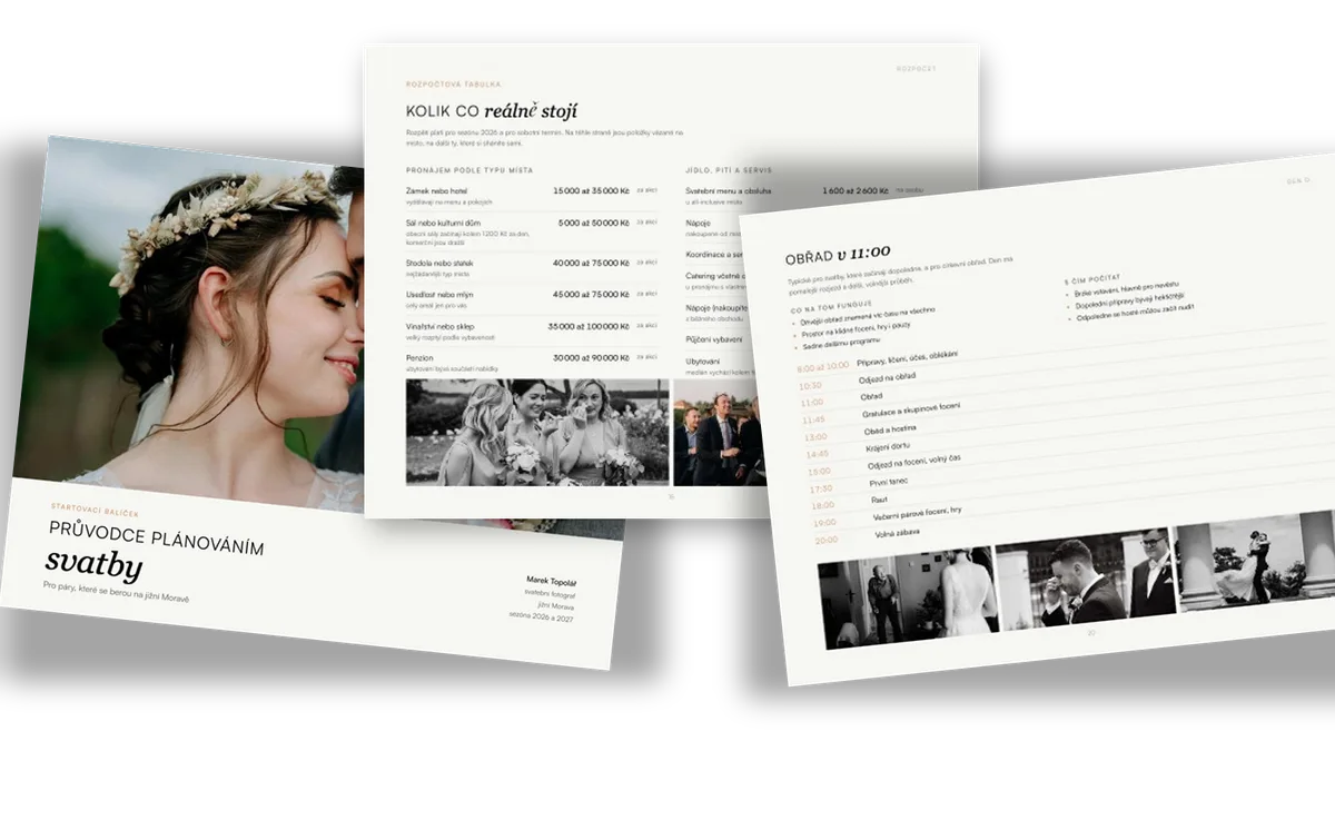 Tři stránky z PDF průvodce plánováním svatby