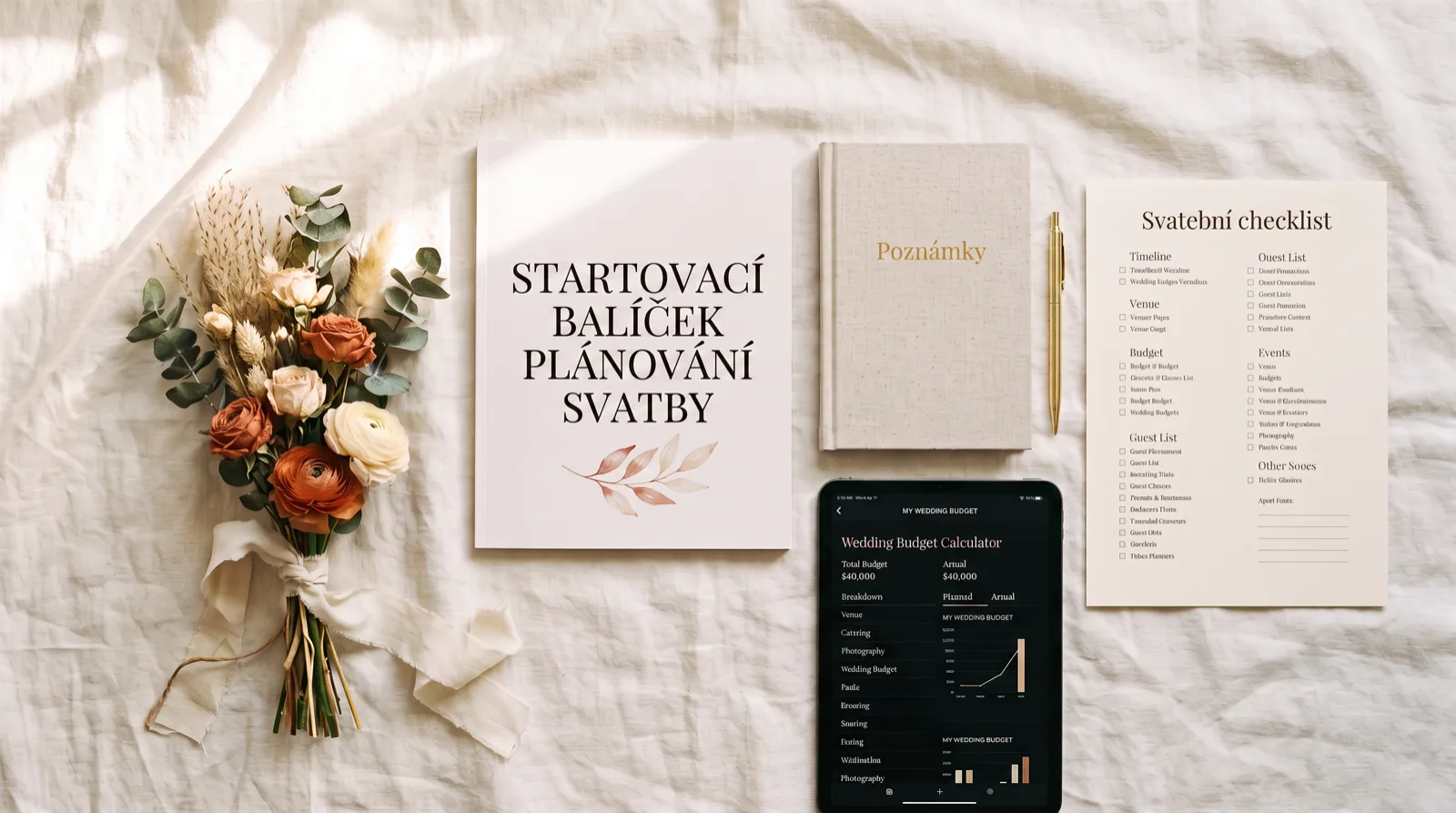 Startovací balíček plánování svatby rozložený na plátně: kniha s názvem balíčku, zápisník s perem, tablet s rozpočtovou kalkulačkou, vytištěný svatební checklist a kytice ze sušených květin.